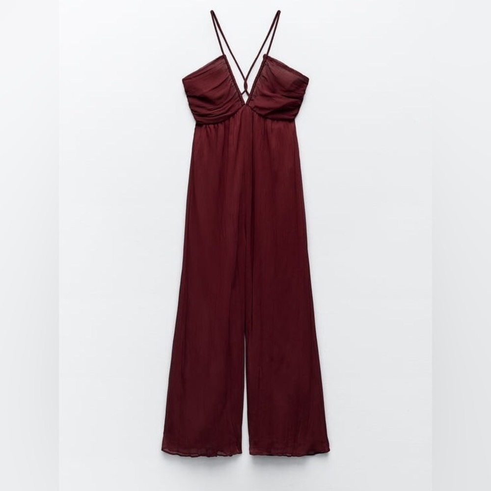 NWT Zara Long Crossed Back Jumpsuit in burgundy
